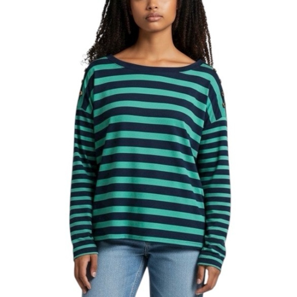 Style & Co. Long Sleeve Striped Button Trim Knit Top Tee Blue Grass NWT XL